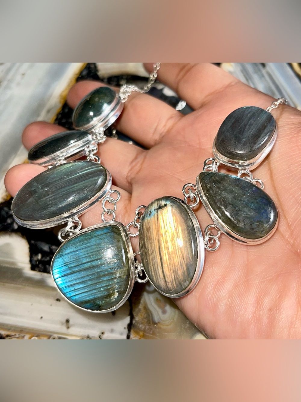 Multiple Large Faceted Labradorite Stone Crystal Pendant Necklace